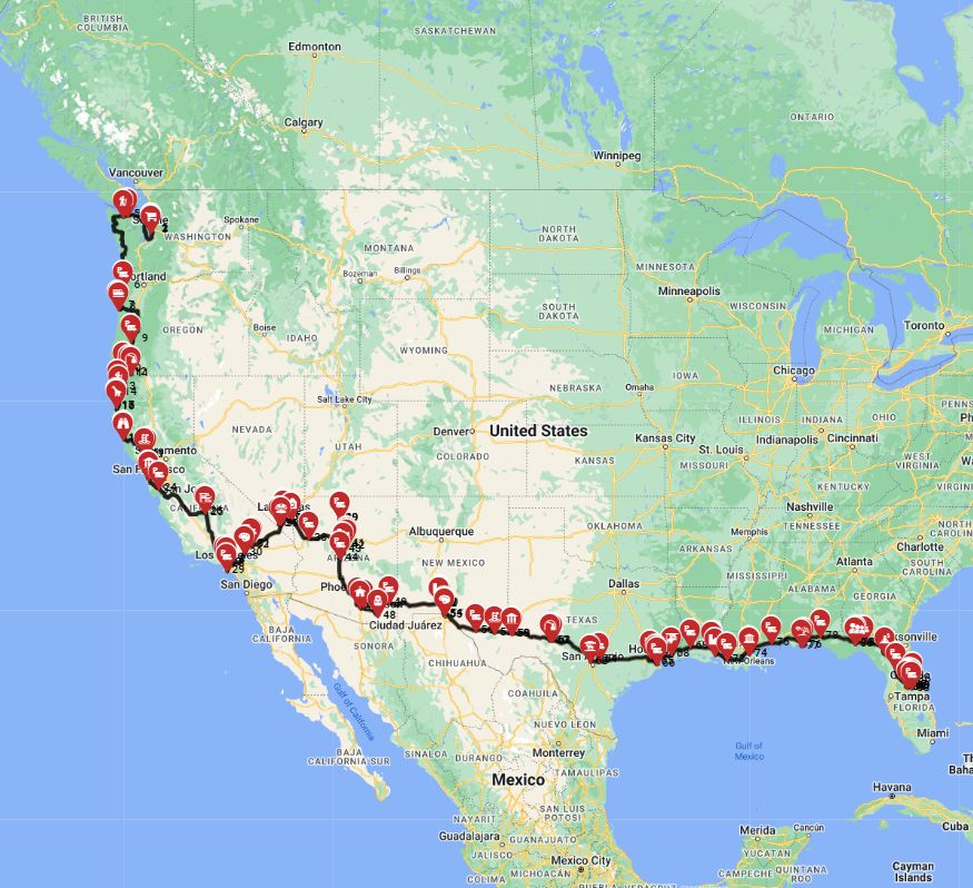 USA RV trip planner Seattle to Orlando,motorhome road trip route